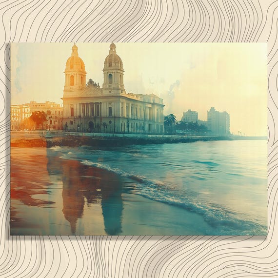Historic Coastal Architecture Canvas Wall Art Vintage Sunset Seascape Reflection Print Grand Building Ocean View Decor