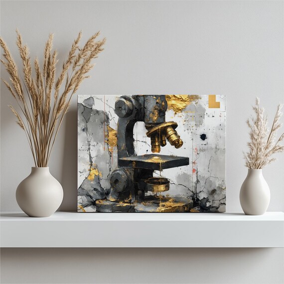 Vintage Microscope Abstract Painting Gold Accents Science Lab Art Poster