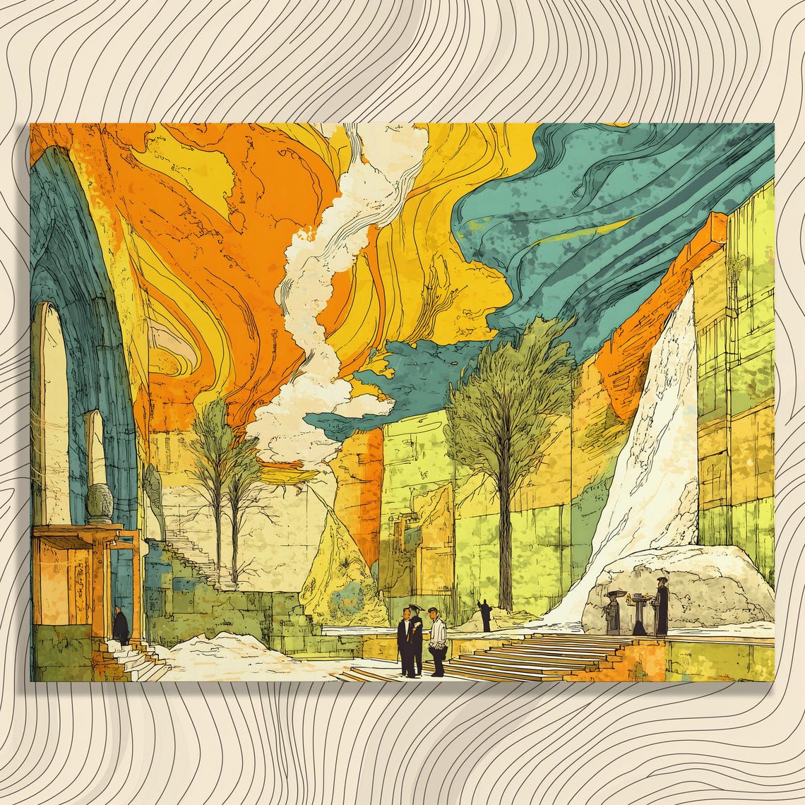 Surreal Canyon Waterfall Dreamlike Orange Teal Landscape Poster
