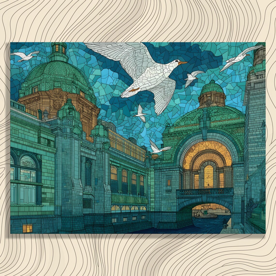 Cityscape Mosaic Teal Domes Large White Bird Silhouette Art Poster