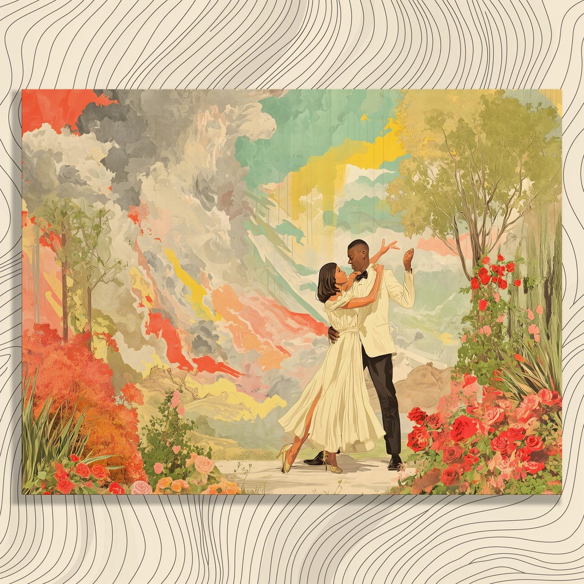Romantic Dance Couple Among Roses Colorful Garden Love Art Poster