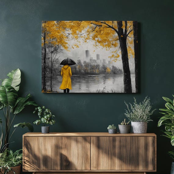 Misty City Skyline Canvas Wall Art Featuring Yellow Raincoat Figure Under Umbrella Autumn River Walk Landscape For Home Decor Or Gift