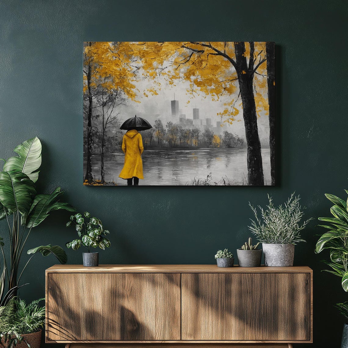 Misty City Skyline Canvas Wall Art Featuring Yellow Raincoat Figure Under Umbrella Autumn River Walk Landscape For Home Decor Or Gift