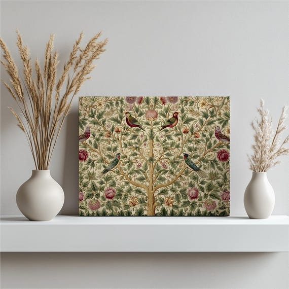 Tree Of Life Canvas Wall Art Vintage Botanical Bird And Floral Pattern Print Arts Crafts Inspired Victorian Style Nature Decor Gift