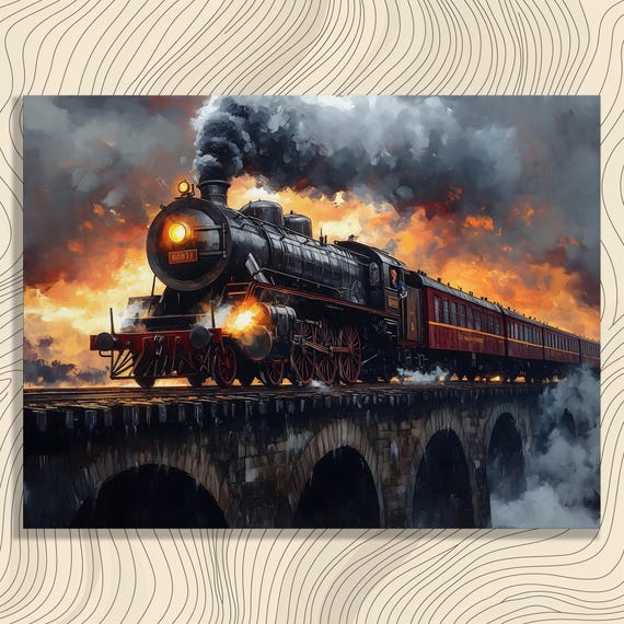 Dramatic Steam Locomotive Canvas Wall Art Vintage Train Print Bridge Painting Travel Decor Gift For Collectors And Enthusiasts