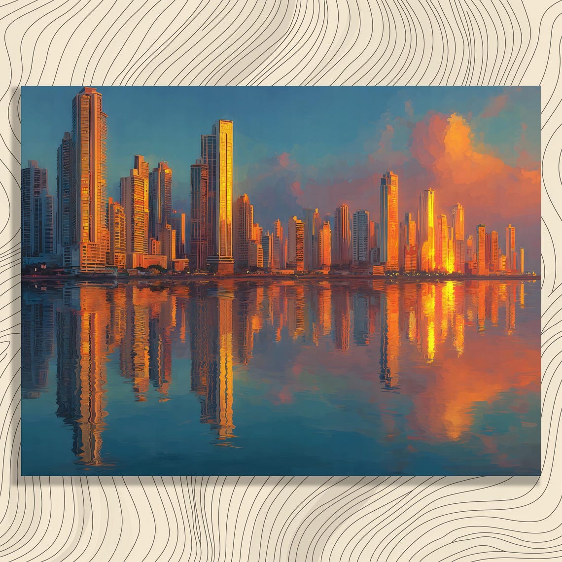 Modern City Skyline Canvas Wall Art Glowing Sunset Cityscape Print With Waterfront Reflections And Architecture Large Decor