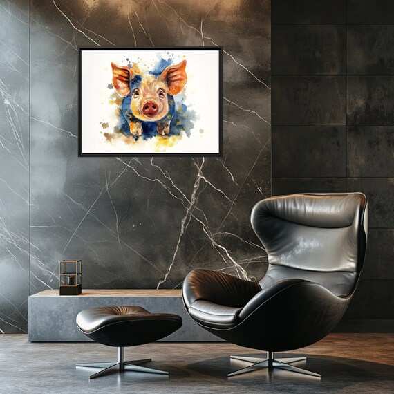 Cute Piglet Face Watercolor Orange Blue Farm Animal Art Poster