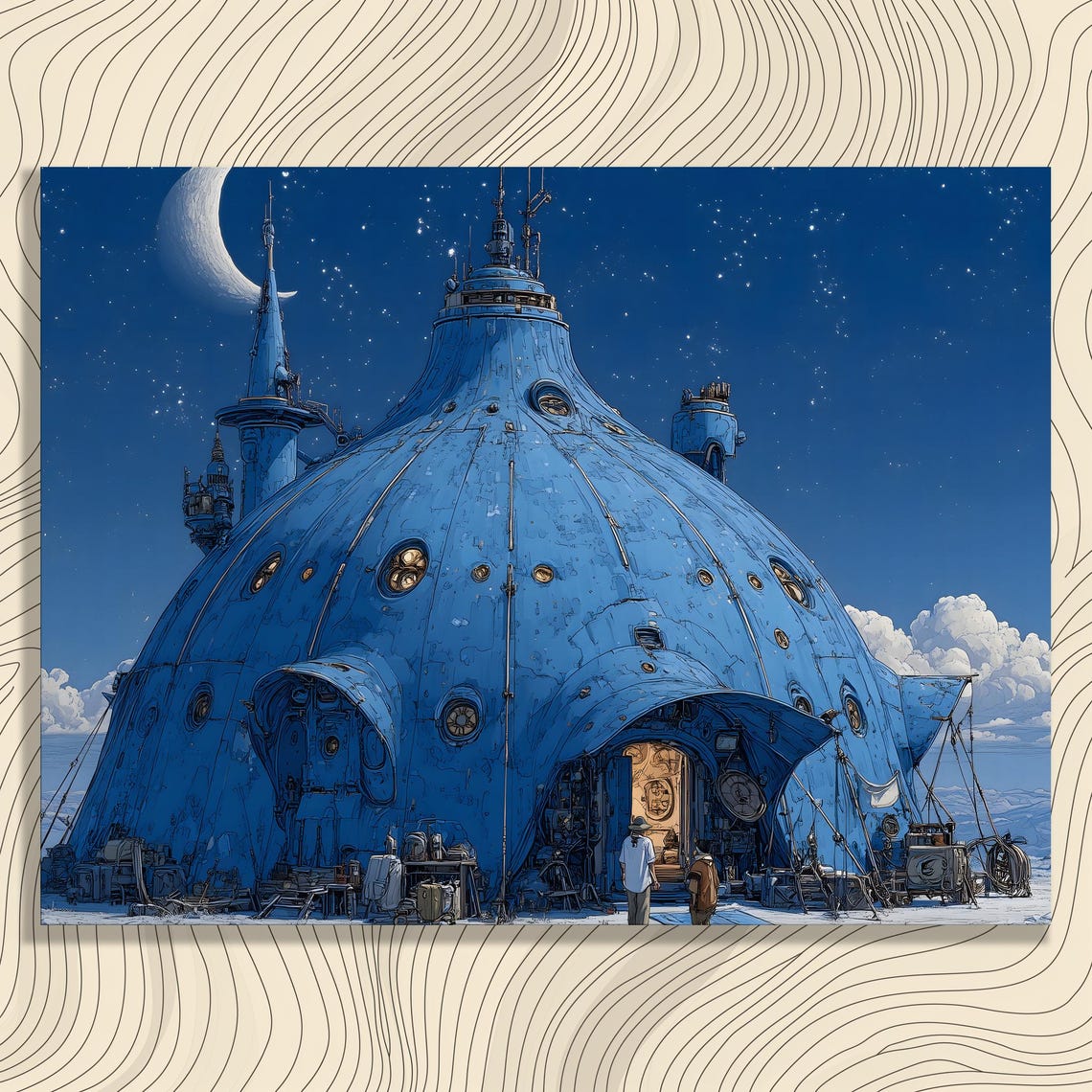 Futuristic Blue Dome Outpost Starry Night Moon Sci Fi Landscape Poster