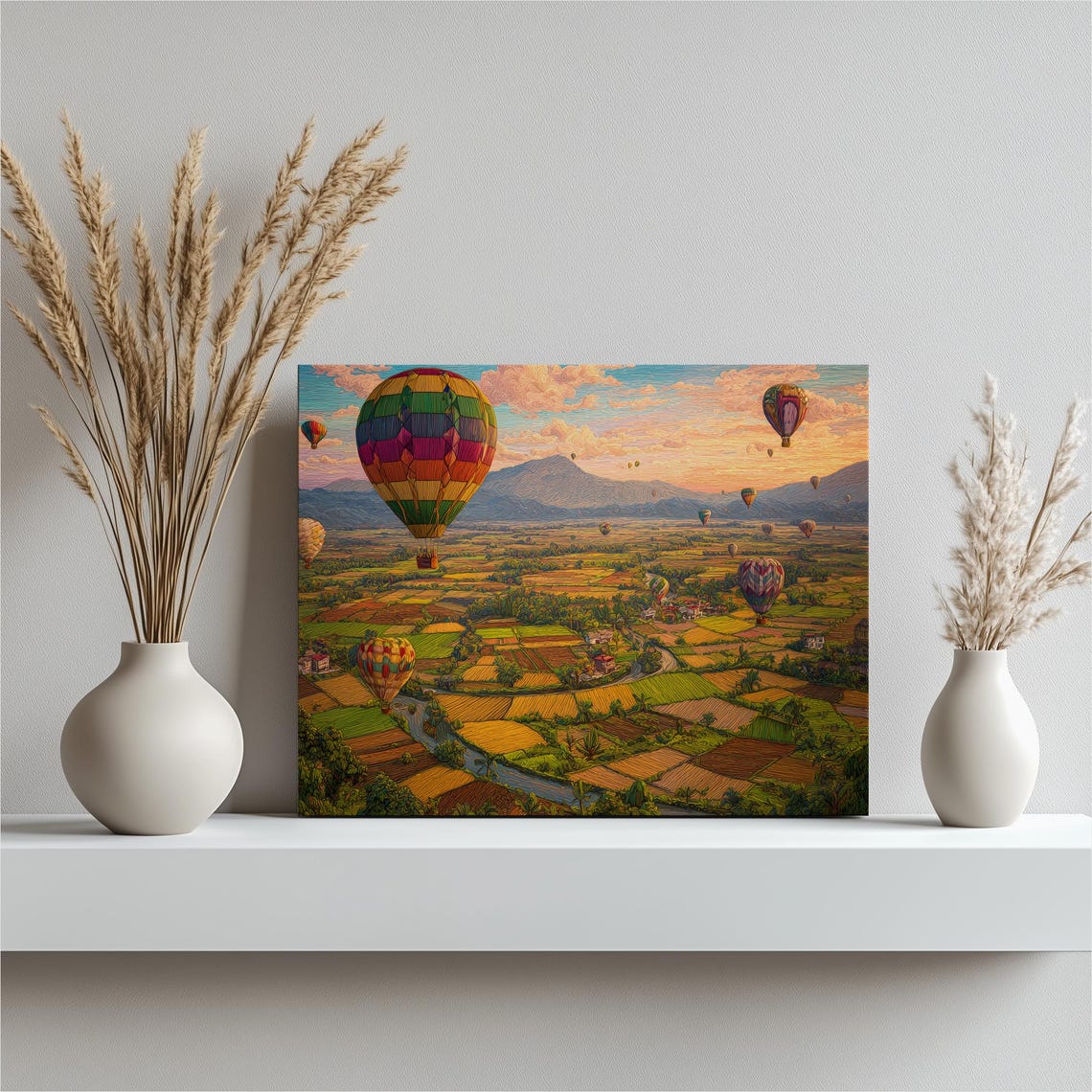 Colorful Hot Air Balloons Over Patchwork Farmland Sunset Poster