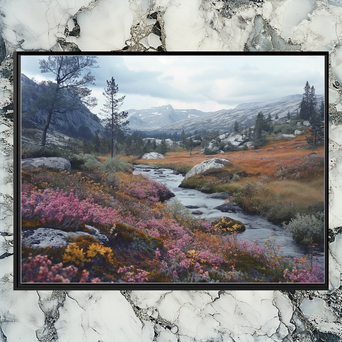 Nordic Autumn Mountain Stream Heather Grey Hills Landscape Poster