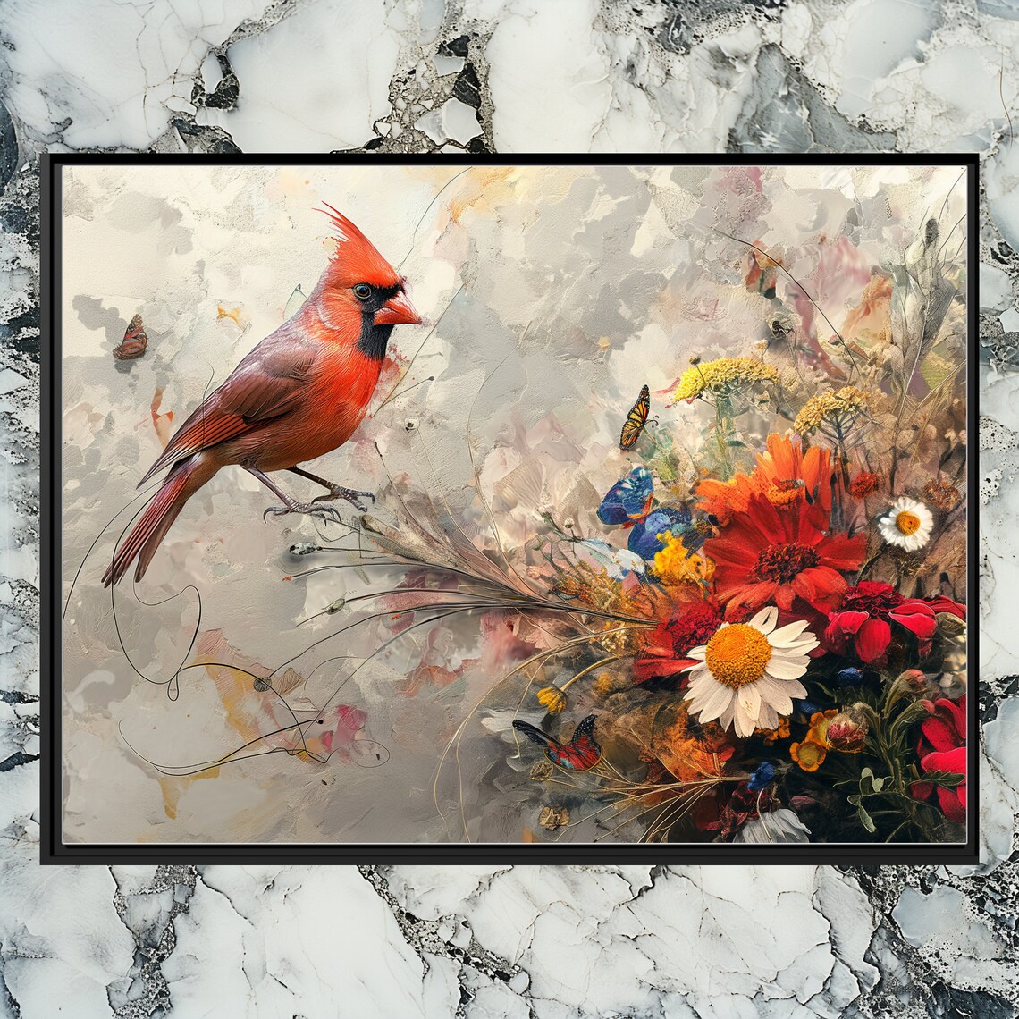 Northern Cardinal Wildflower Garden Painterly Red Bird Poster