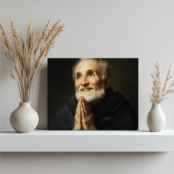 Praying Saint Portrait Dark Background Catholic Religious Art Poster
