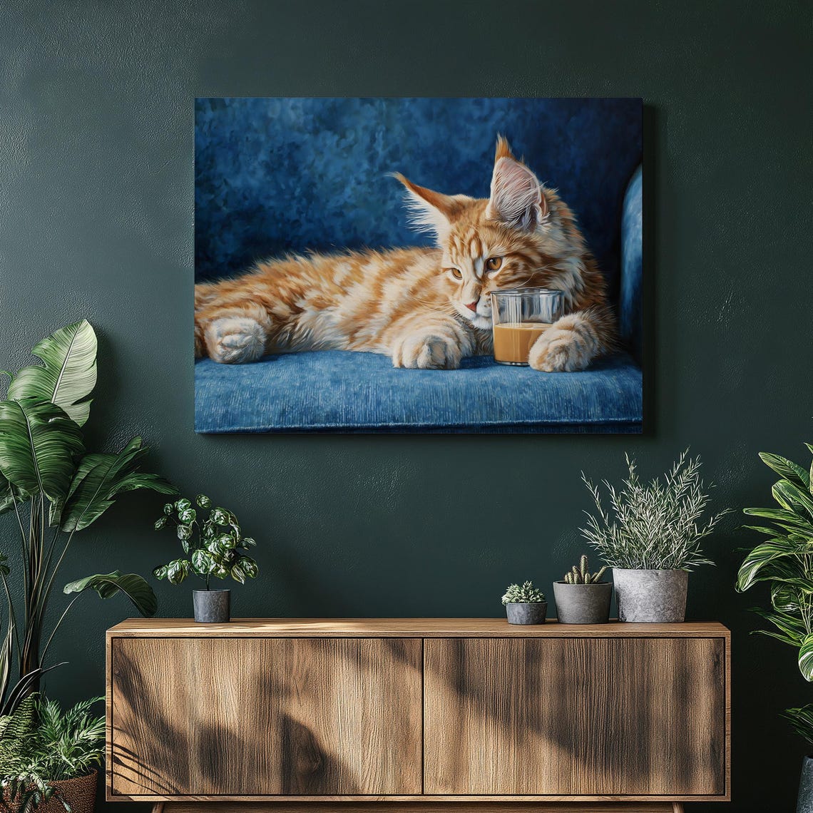 Orange Tabby Cat Kitten Blue Sofa Coffee Morning Light Fluffy Print