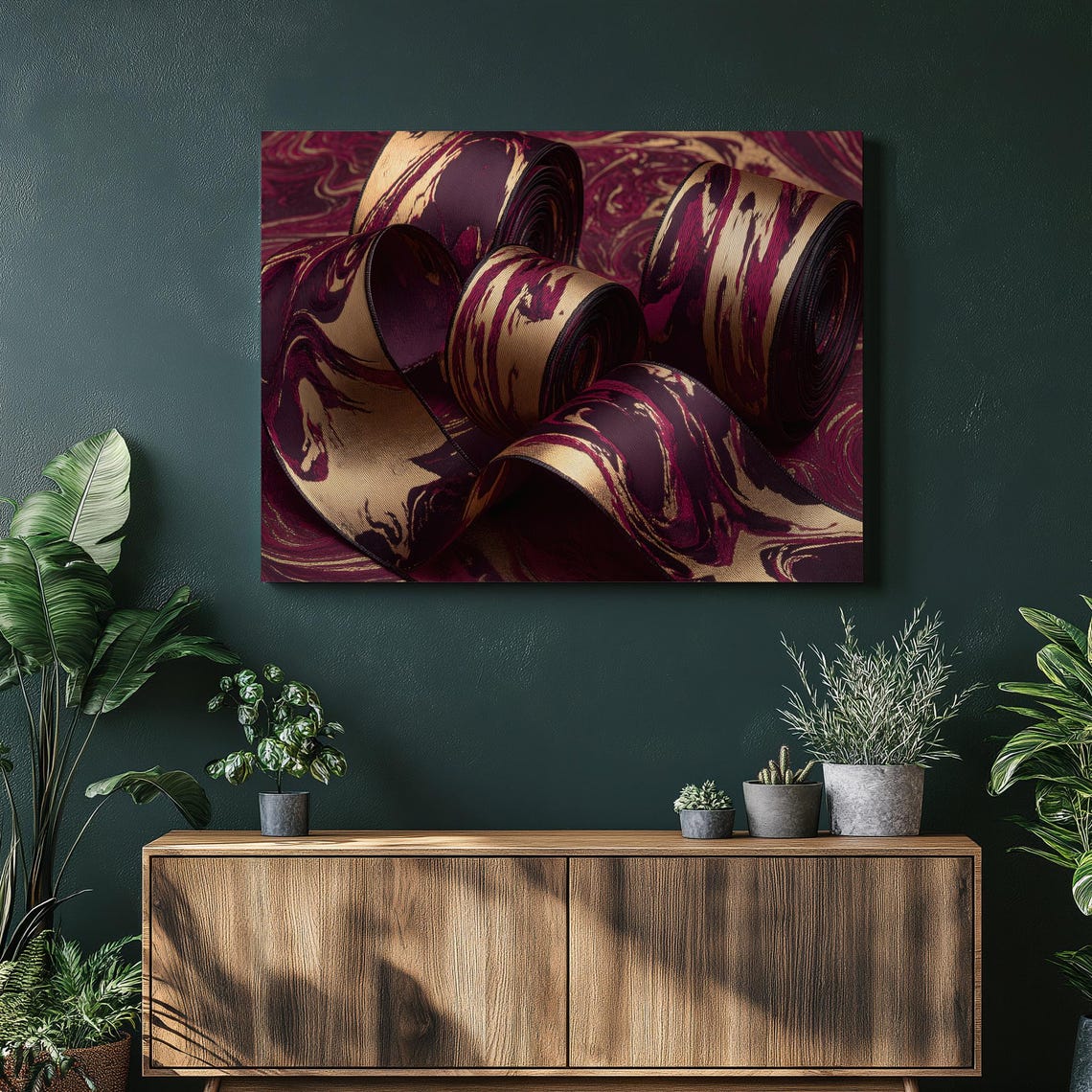 Burgundy Gold Marbled Silk Ribbon Rich Elegant Abstract Art Poster