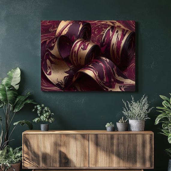 Burgundy Gold Swirl Canvas Wall Art Metallic Marble Abstract Print Luxury Painting Modern Decor Statement Gift For Home