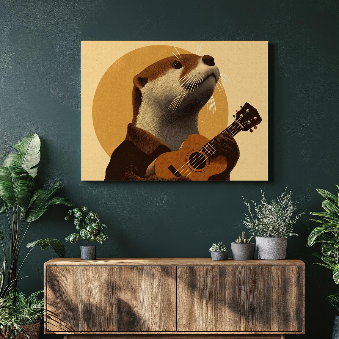 Happy Otter Playing Ukulele Cute Retro Music Animal Art Poster