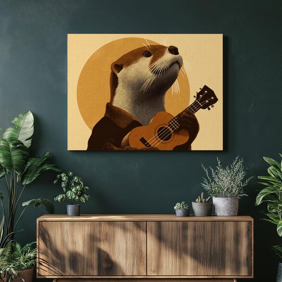 Otter Ukulele Canvas Wall Art Mid Century Modern Minimalist Wildlife Print Nature Poster Gifts For Musicians Animal Lovers