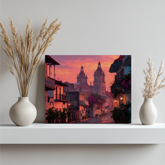 Panama Canvas Wall Art Historic Street Scene Tropical Sunset Cityscape Bougainvillea Decor Vibrant Travel Photography Print Poster