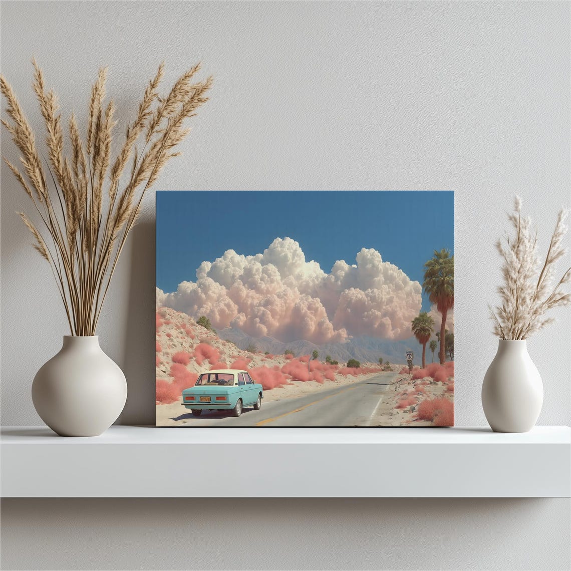 Retro Turquoise Car Desert Road Palm Trees Pink Clouds Art Poster