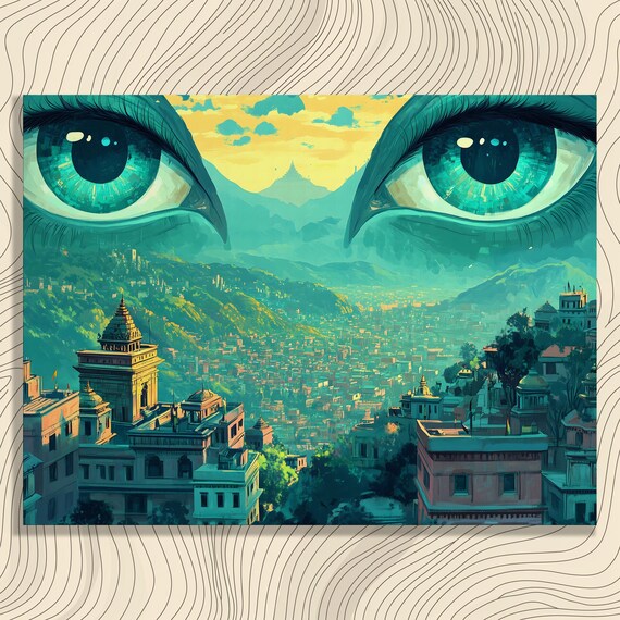 Surreal Eyes Cityscape Canvas Wall Art Landscape Painting Modern Print Urban Nature Decor Gift Green Yellow