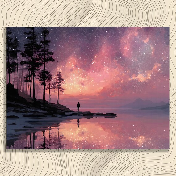 Starry Night Lake Canvas Wall Art Dreamy Celestial Landscape Reflection
