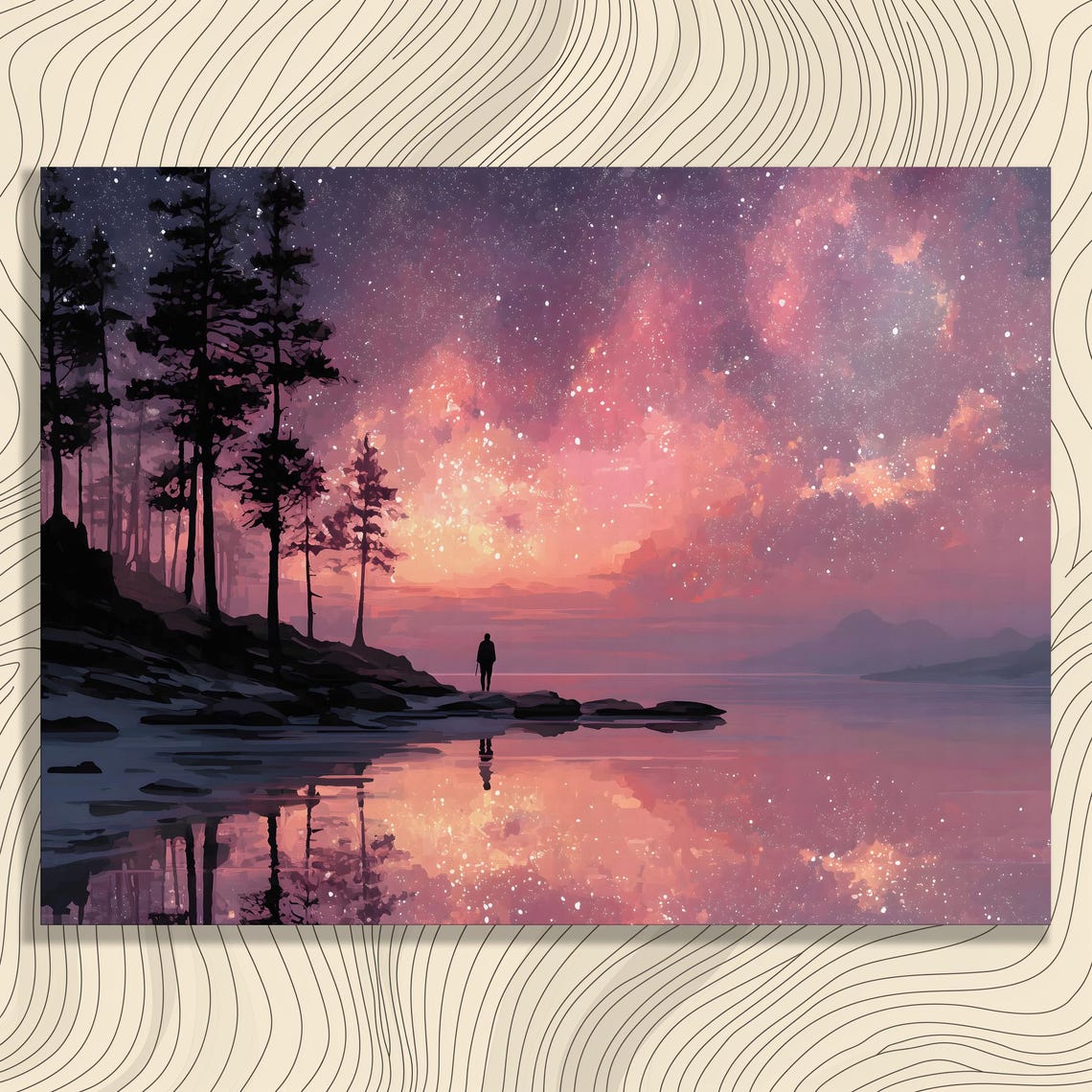 Dreamy Pink Milky Way Starry Night Over Still Lake Reflection Poster