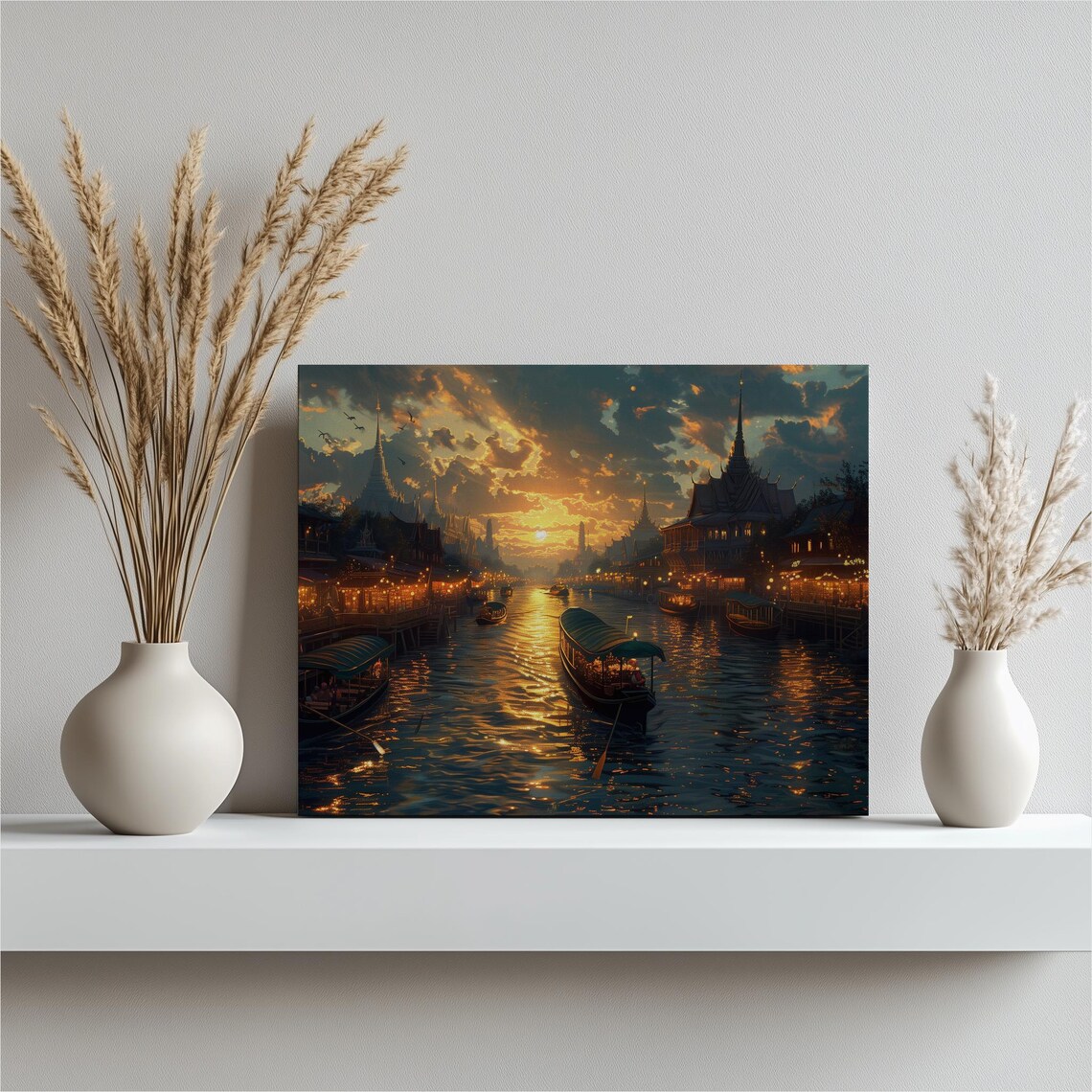 Thailand Grand Palace at Sunset River Boats Golden Sky Poster