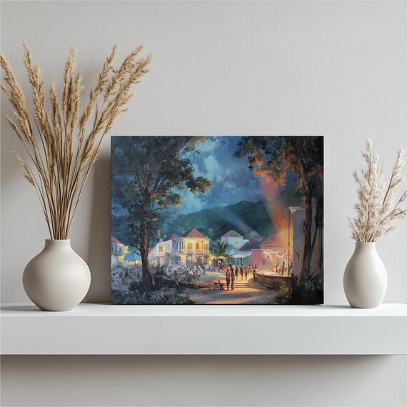 Tropical Town Plaza Dusk Festival Lights Evening Crowd Art Poster
