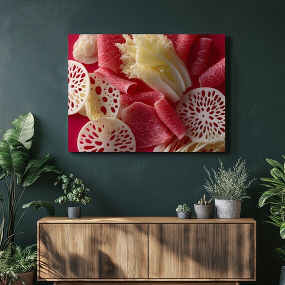 Hot Pot Ingredients Overhead Food Photography Red Background Poster