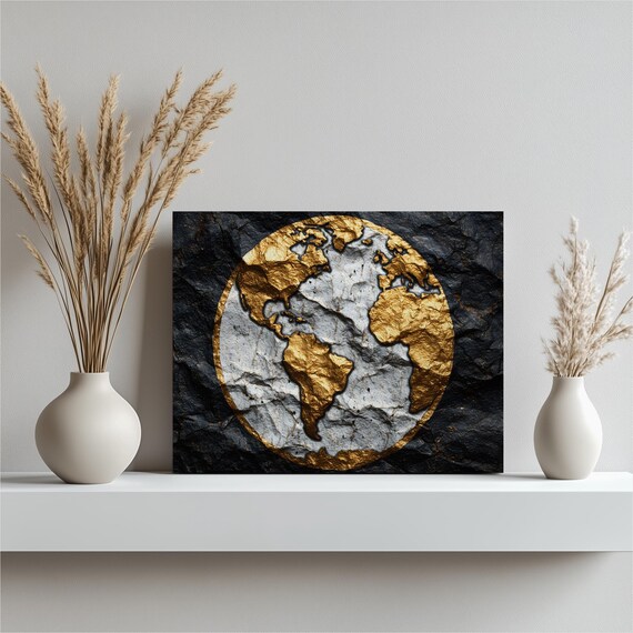 Gold World Map Canvas Wall Art Modern Metallic Globe Print Textured White Circle Black Background Contemporary Travel Decor