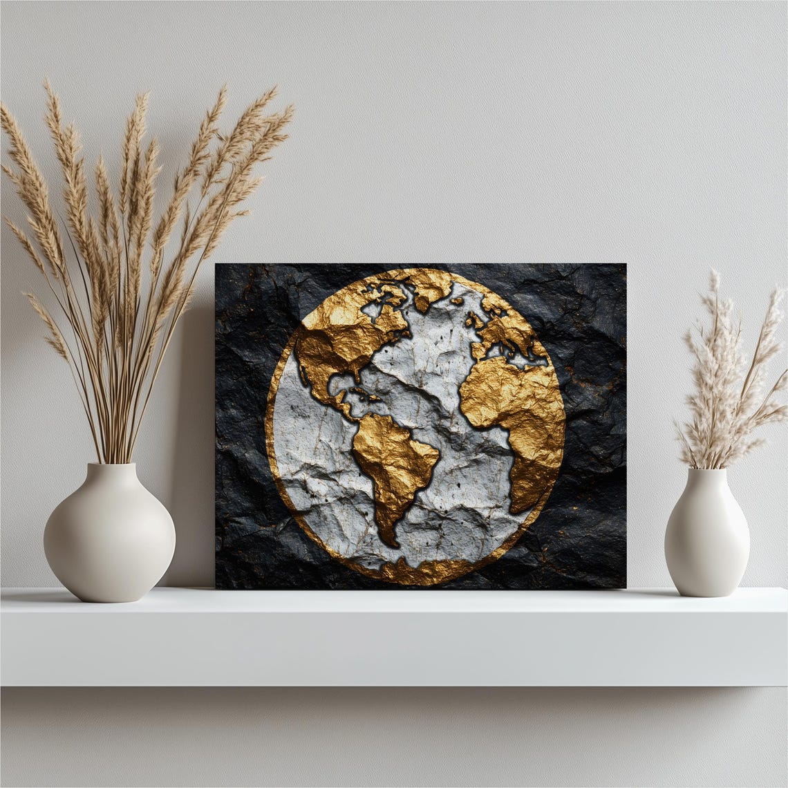 Gold World Map Textured Circle On Black Modern Metallic Art Poster