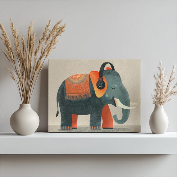 Elephant Canvas Wall Art Colorful Music Illustration Print Boho Animal Headphone Decor Tropical Gift Modern Abstract Poster