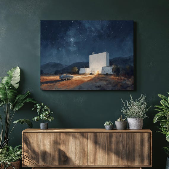 Drive In Cinema Canvas Wall Art Starry Desert Night Classic Car Under Starlit Sky Outdoor Theater Screen Nostalgic Vintage Painting Print