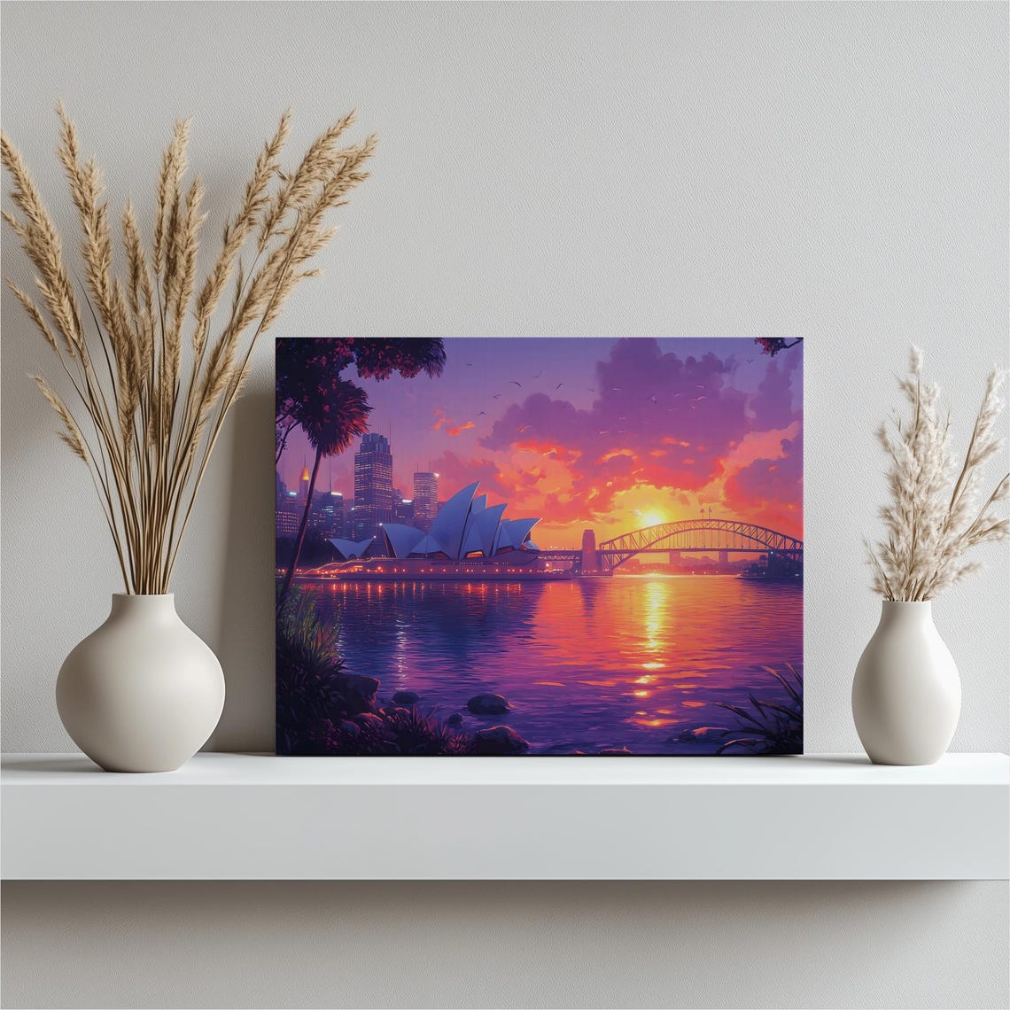 Sydney Opera House Canvas Wall Art Sunrise Harbor Bridge Cityscape Panorama With Glowing Sunset Water Reflections Coastal Skyline Decor
