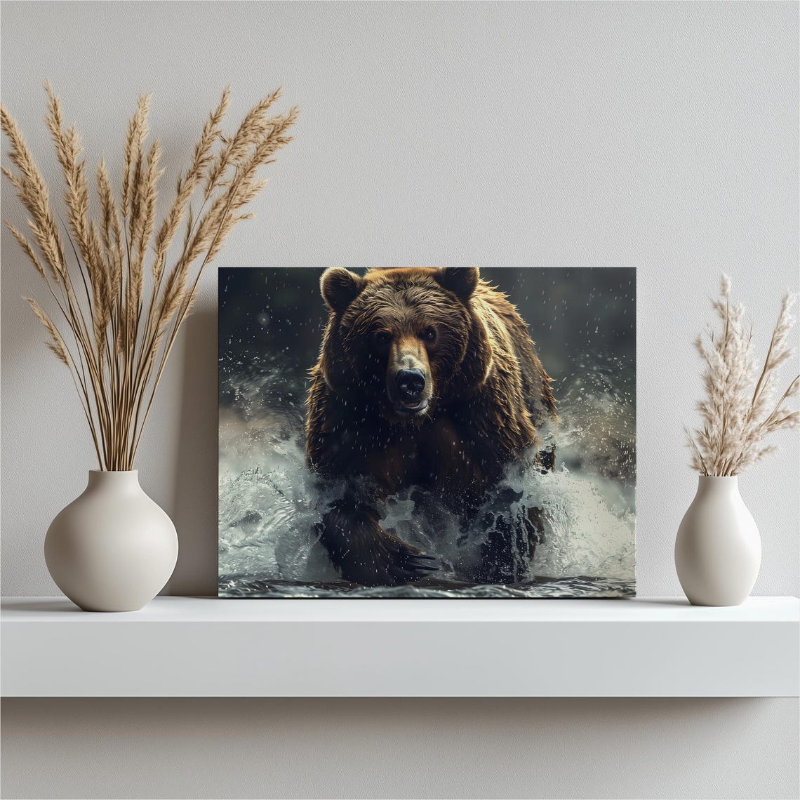 Grizzly Bear Charging River Wildlife Nature Scene Art Poster