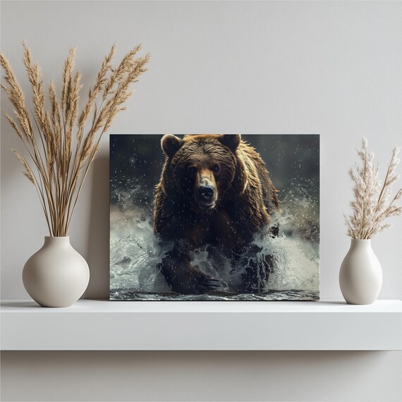 Grizzly Bear River Canvas Wall Art Dynamic Wildlife Nature Scene With Water Splash Rustic Lodge Decor Modern Cabin Gift Print