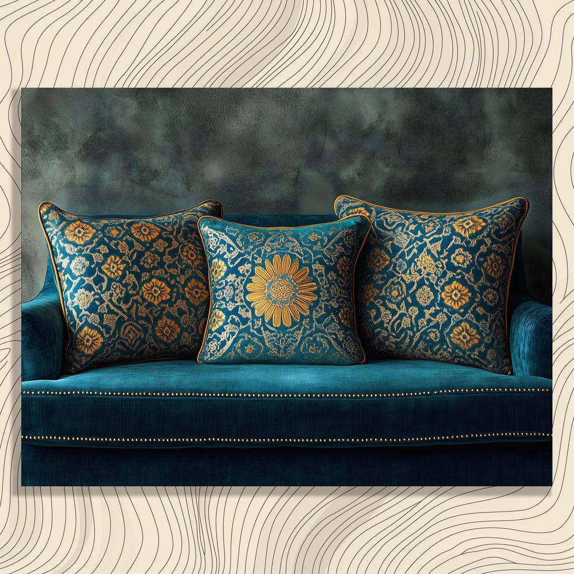 Teal Velvet Sofa With Ornate Gold Floral Cushions Decor Poster