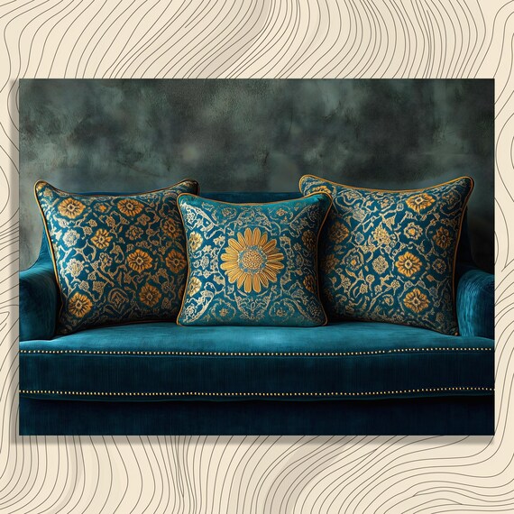 Teal Velvet Sofa With Ornate Gold Floral Cushions Decor Poster