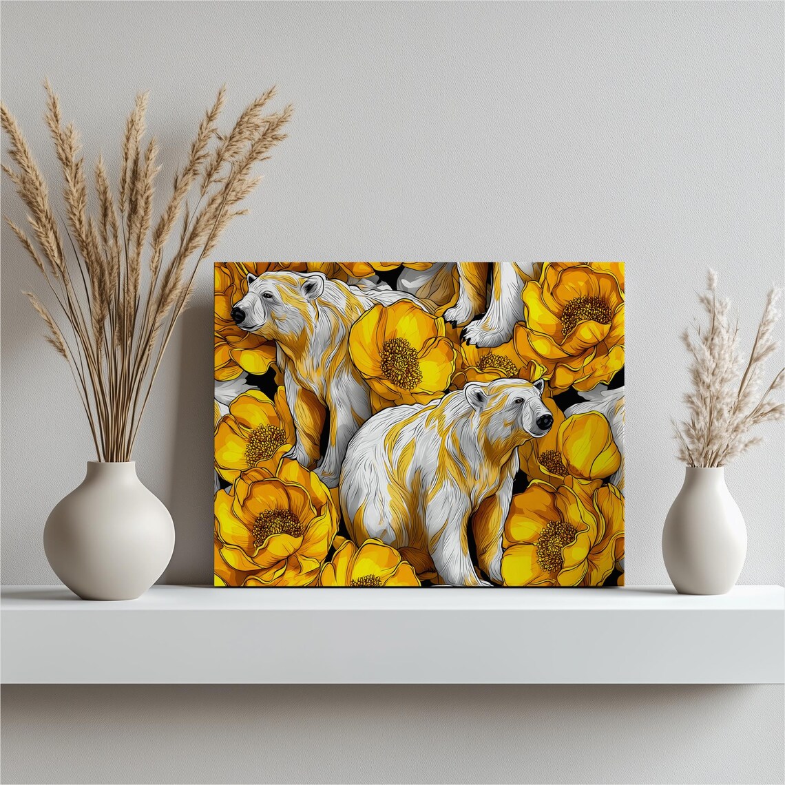 Polar Bears Among Yellow Blooms Floral Pop Wildlife Art Poster