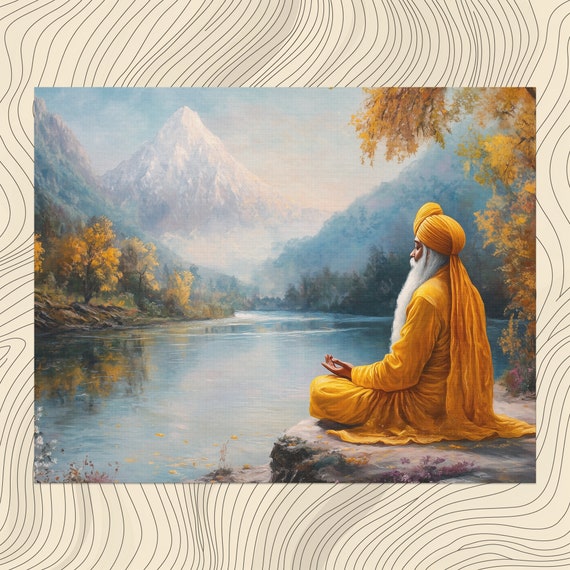 Guru Nanak Canvas Wall Art Meditating By A River Spiritual Meditation Decor Founder Of Sikhism Print Religious Inspirational