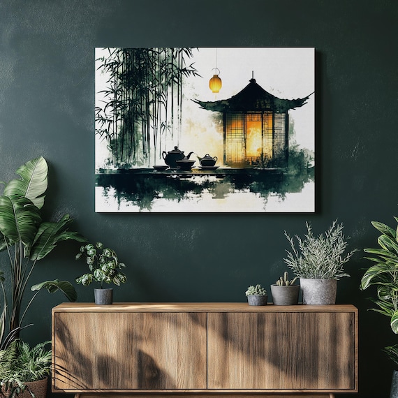 Chinese Ink Wash Tea Ceremony Bamboo Pavilion Glowing Lantern Poster