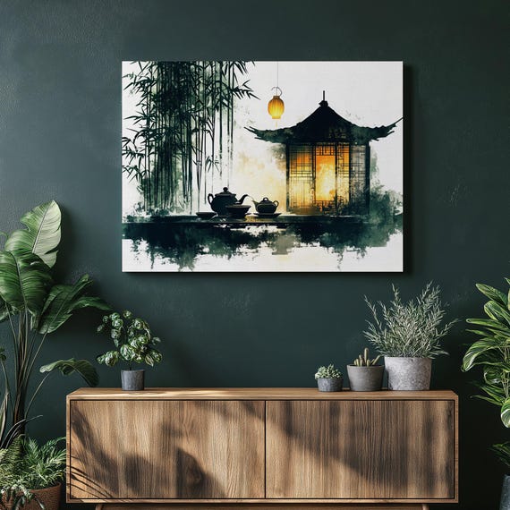 Serene Tea Ceremony Canvas Wall Art Traditional Chinese Master Painting With Bamboo Lanterns Porcelain Teacups High Resolution White