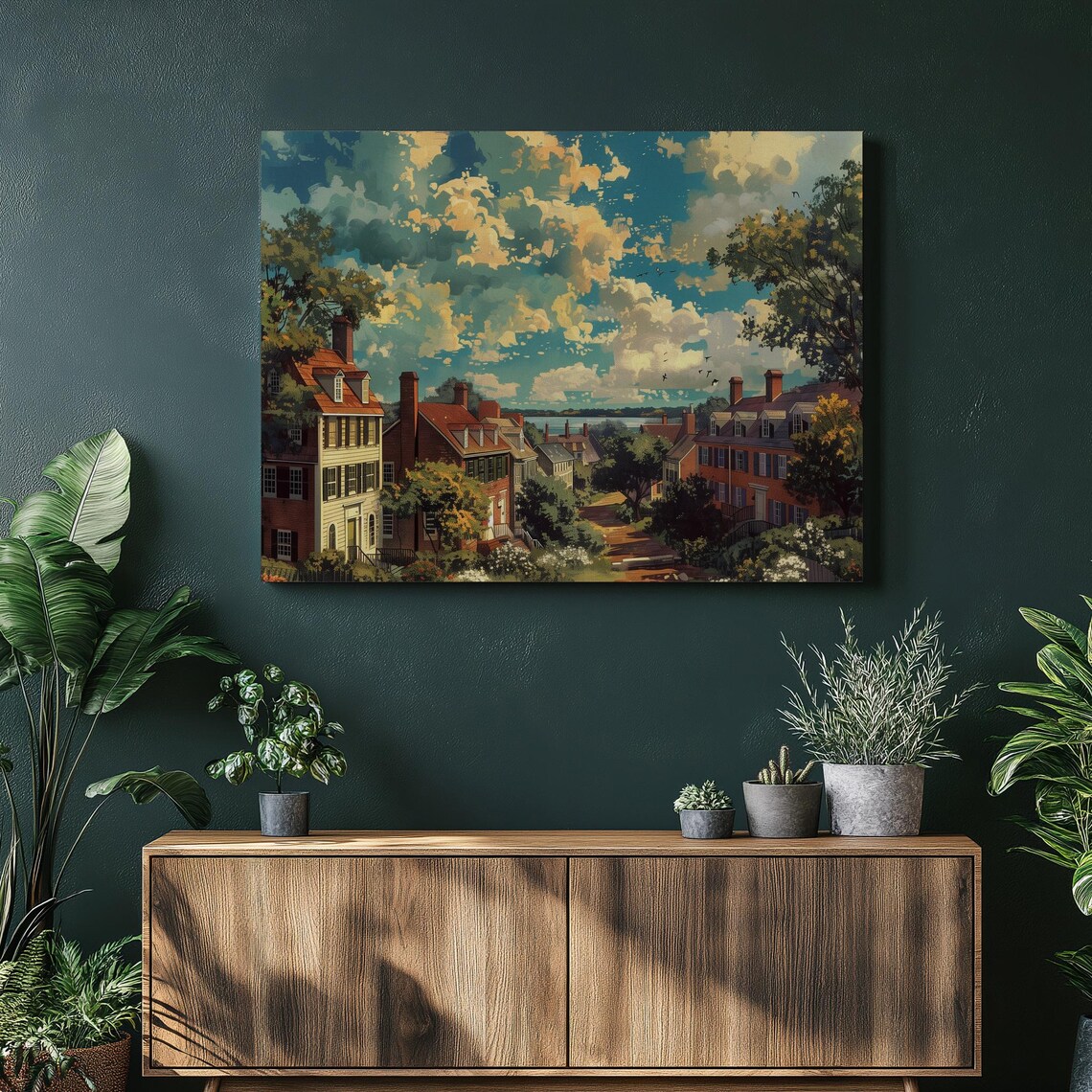 Colonial Brick Townhouses Tree Lined Street Dramatic Sky Art Poster