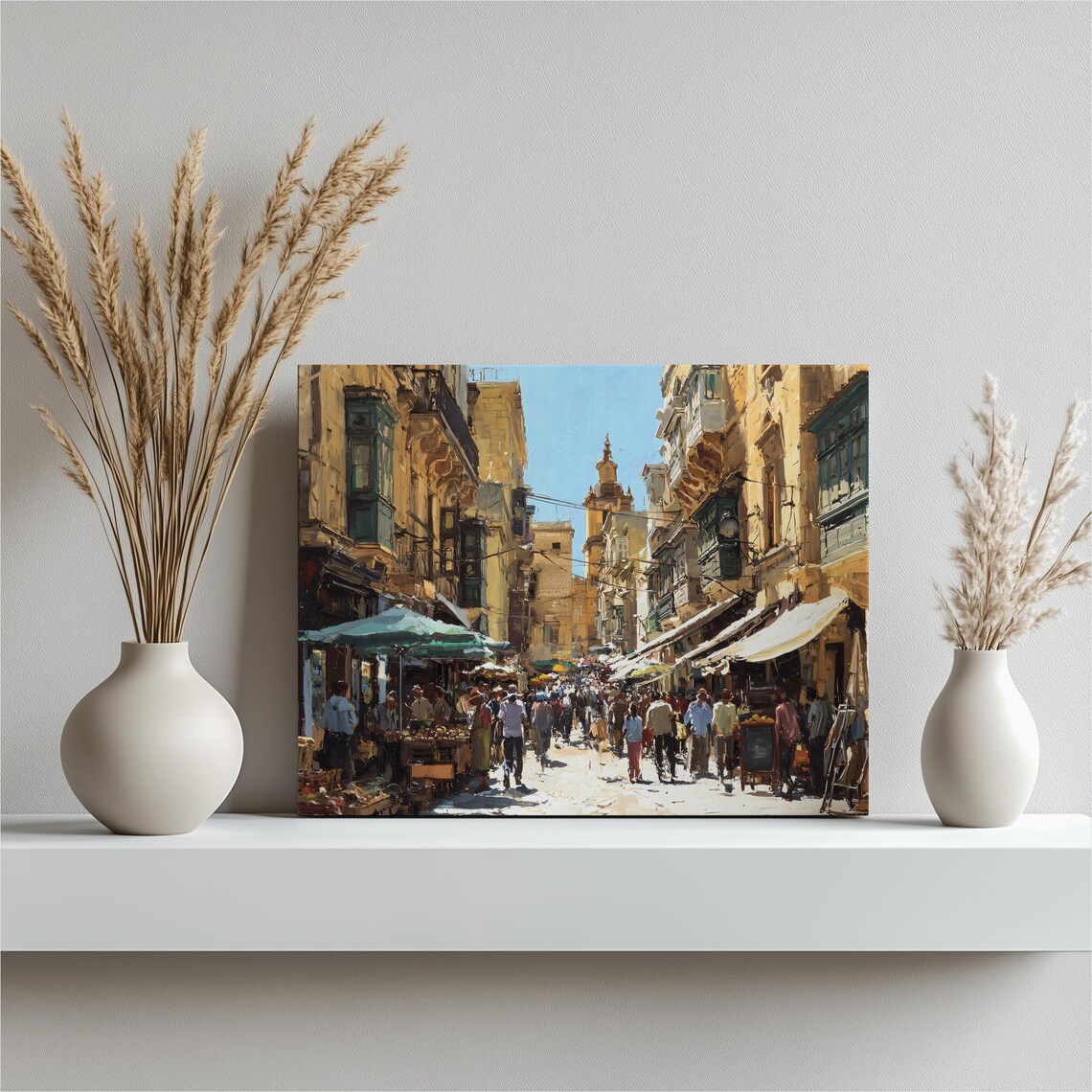Mediterranean Market Street Canvas Wall Art Colorful Old Town Painting