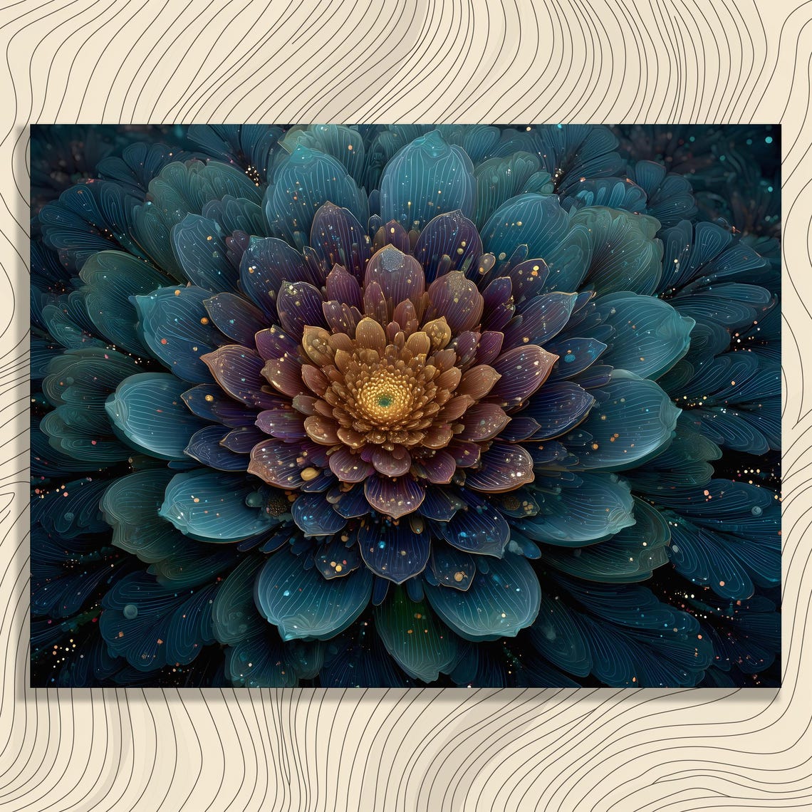 Blue Gold Abstract Flower Layered Mandala Botanical Wall Art