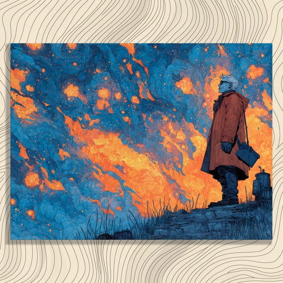 Stargazer Old Explorer Under Swirling Cosmic Night Sky Sci Fi Fantasy Poster