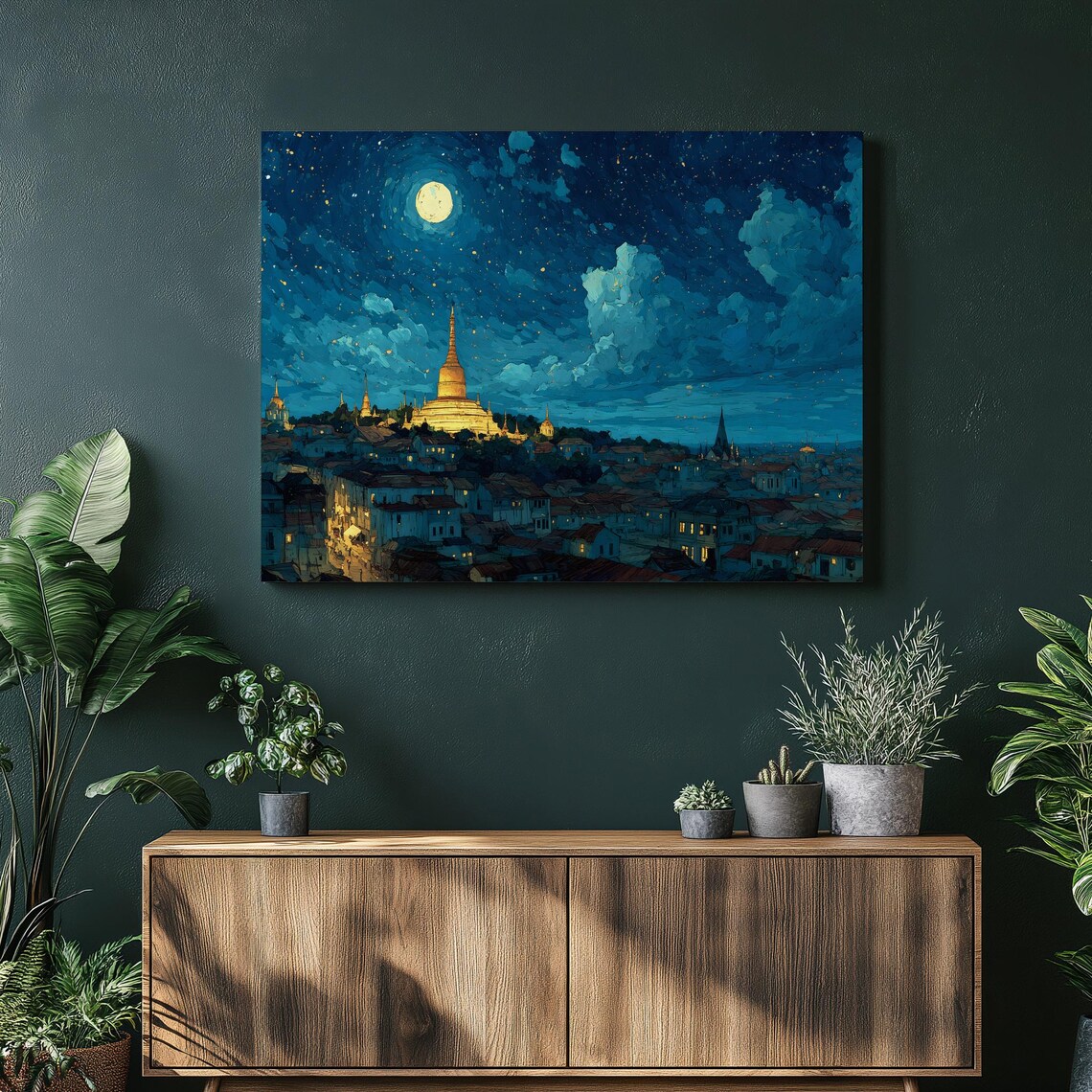 Golden Pagoda City at Night under Moon and Starry Sky Art Poster