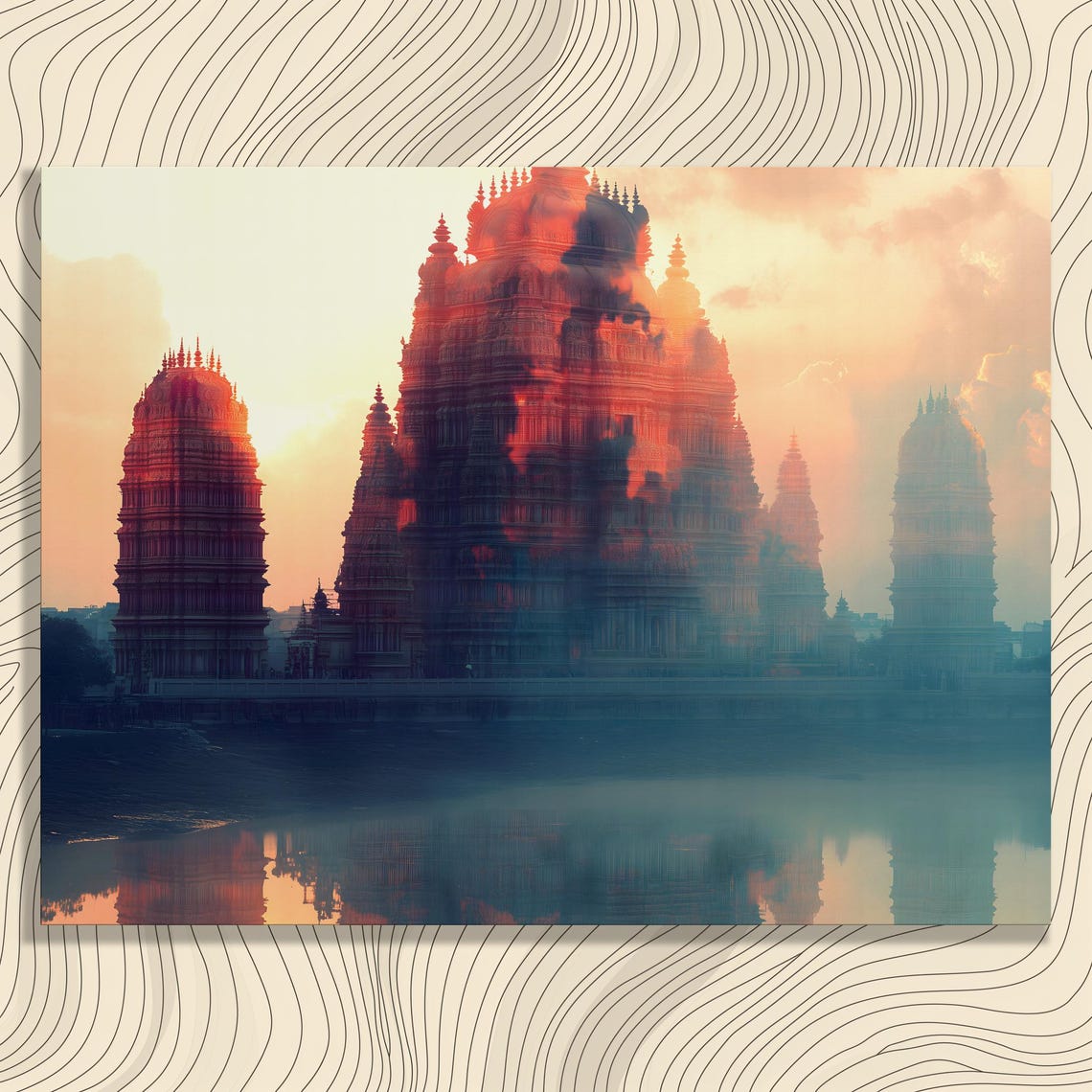 Majestic Hindu Temple Sunset Golden River Reflection Serene Print