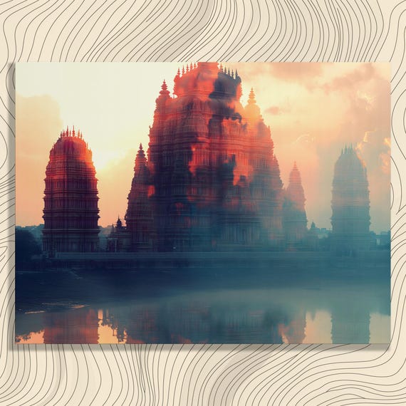 Serene Temple Reflection Canvas Wall Art Classic Impressionist Sunset River Landscape Painting Print Decor Gift For Enthusiasts