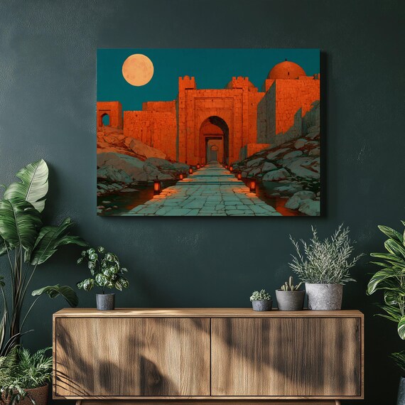 Moonlit Castle Canvas Wall Art Fantasy Fortress Lantern Path Blue Orange Night Water Reflection Moody Dark Landscape Painting Print Gift